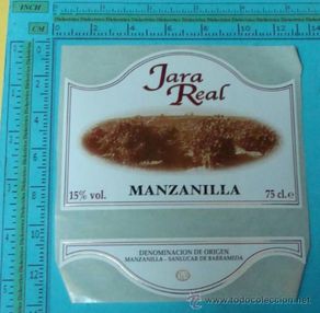 Etiquetas antiguas: ETIQUETA DE VINO / ALCOHOL. JARA REAL MANZANILLA, SANLUCAR DE BARRAMEDA, CADIZ.